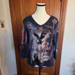 Cactus V-Neck Graphic Long Sleeve Top - Navy Blue and Maroon Vintage Y2k/90s